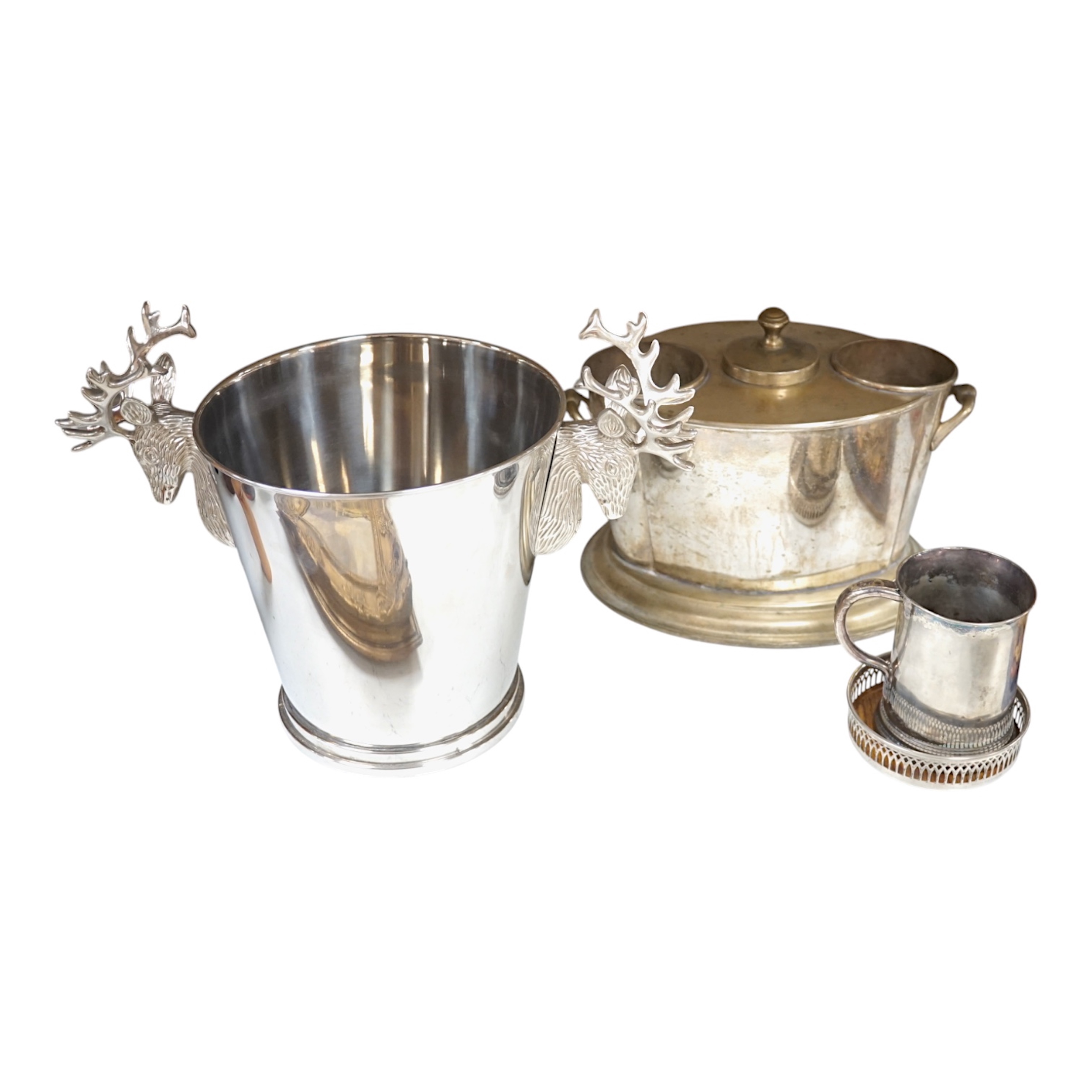 A collection of silver plated and metalware comprising two wine coolers, a tankard and a coaster, largest 29cm high. Condition - fair to good